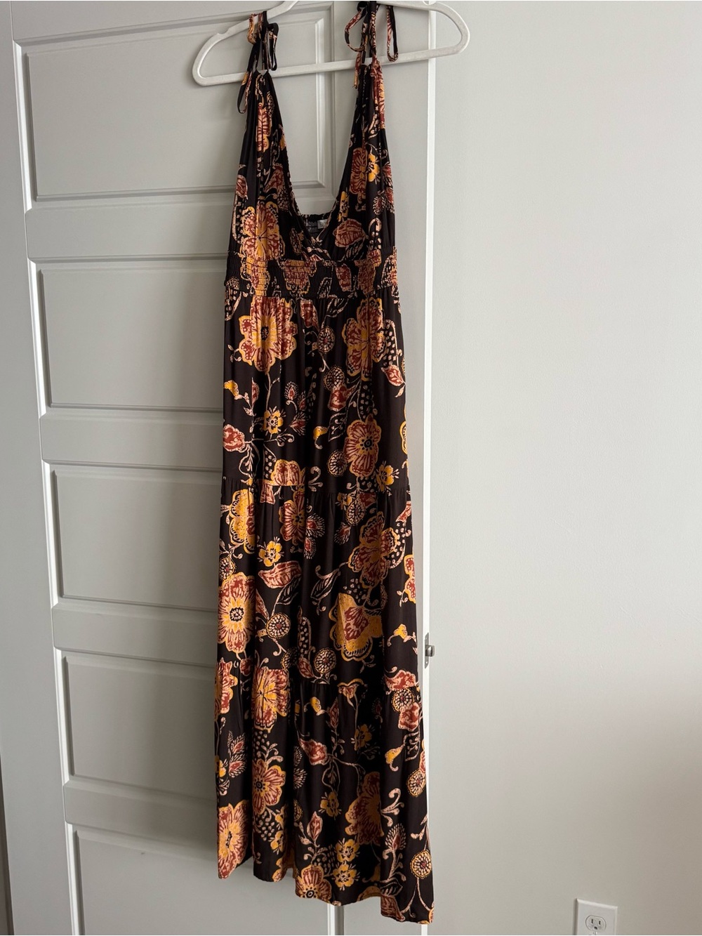 Patrons of Peace Black Floral Tie-Shoulder Maxi Dress with Mustard Accents